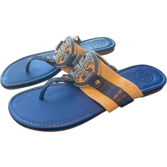 Tory Burch Amanda Leather/Textile Blue/Natural Sandals Women’s Size 8 - Picture 3 of 8